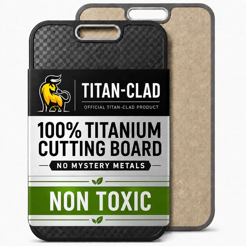 Titan Clad 100% titanium cutting board in retail sleeve