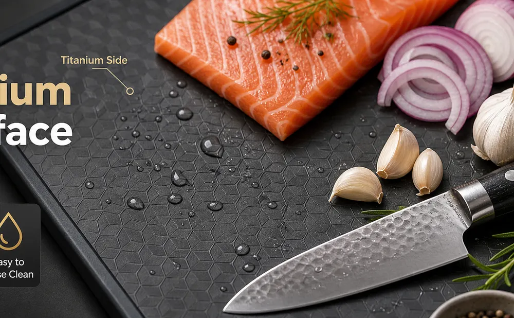 Grilled steak, tomatoes, peppers and a chef's knife on the black titanium cutting surface