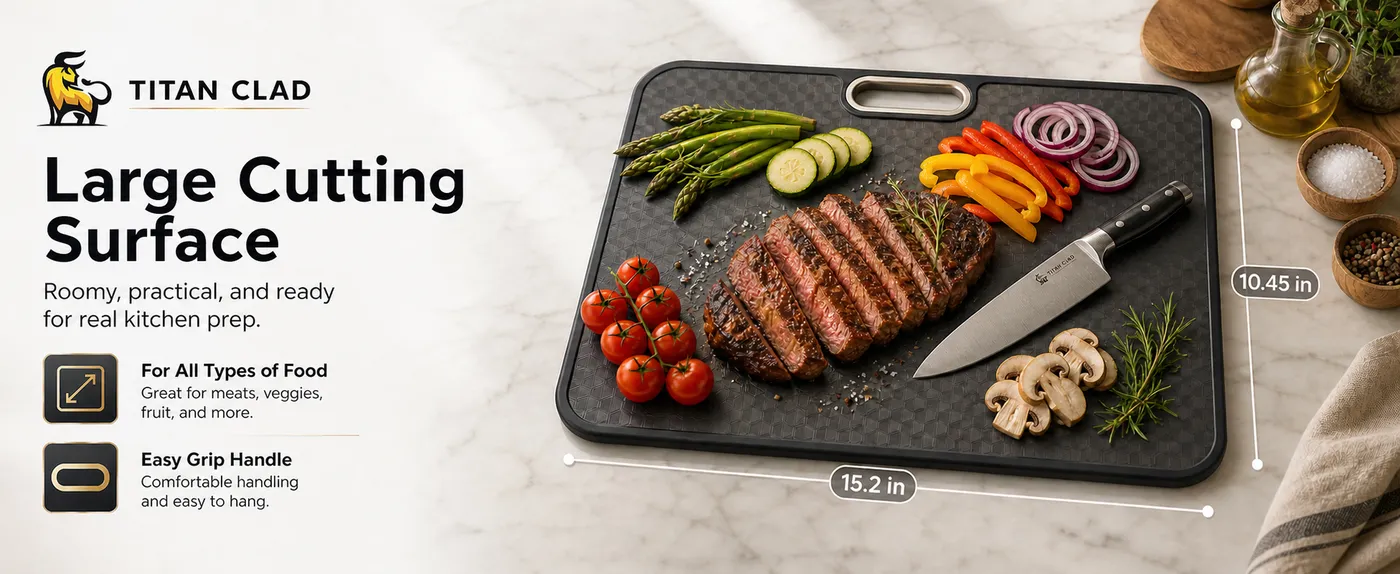 Titan Clad board with steak and vegetables — 15.2 inches wide by 10.45 inches deep