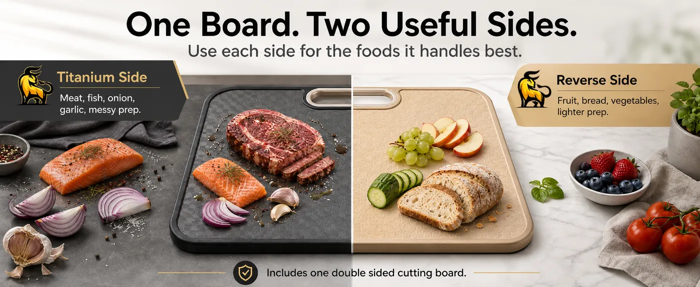 Split view of the double-sided board: black titanium side with salmon and steak, wheat-straw reverse side with bread and fruit